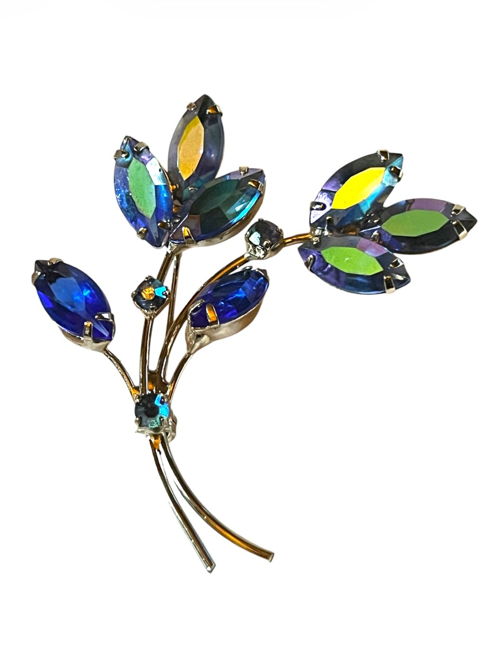 Vintage Aurora Borealis Blue Leaf Crystal Rhinestone Brooch - Women Jewelry